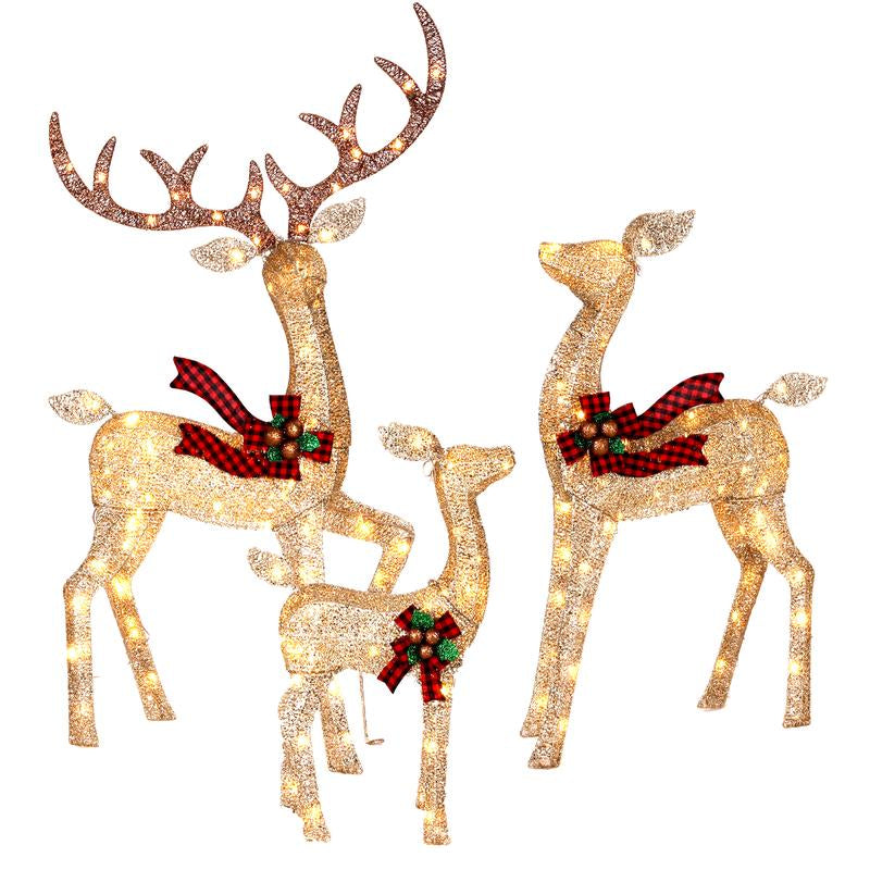 FOOWIN 3D Large Lighted Christmas Deer Family Set, 3-Piece 4.8Ft Pre-Lit Reindeer Outdoor Christmas Decoration with 210 LED Lights, Red Bows,Stakes, for Yard Patio Lawn Garden Courtyard