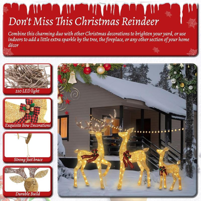 FOOWIN 3D Large Lighted Christmas Deer Family Set, 3-Piece 4.8Ft Pre-Lit Reindeer Outdoor Christmas Decoration with 210 LED Lights, Red Bows,Stakes, for Yard Patio Lawn Garden Courtyard